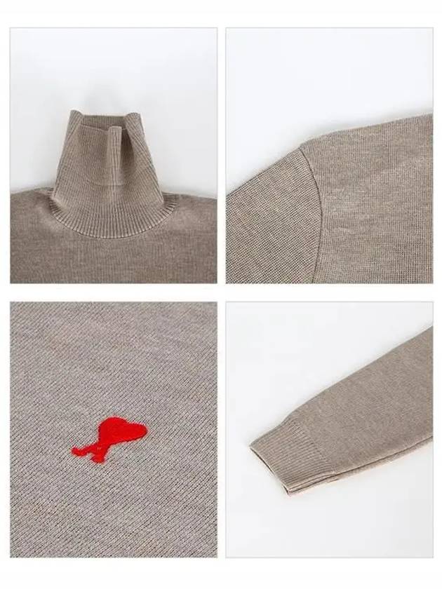 Small Heart Logo Extrafine Merino Wool Turtleneck Beige - AMI - BALAAN 5