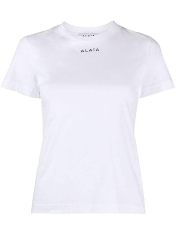 Embroidered Logo Cotton Short Sleeve T-Shirt White - ALAIA - BALAAN 1