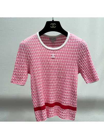 Women's T-Shirt Top Cotton White Pink Striped Logo T-Shirt - CHANEL - BALAAN 2