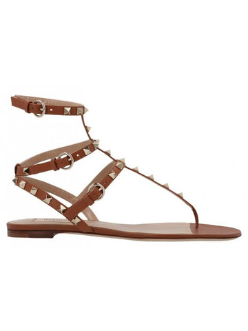 Rockstud Strap Flat Sandals Brown - VALENTINO - BALAAN 1