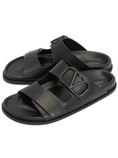 V Logo Signature Leather Slippers Black - VALENTINO - BALAAN 2