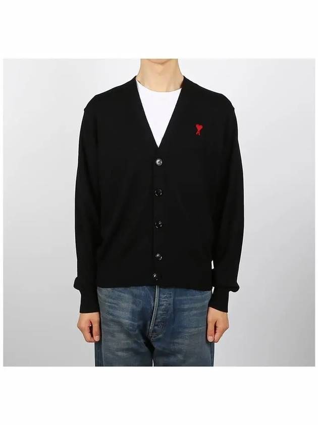 Red Heart Logo Merino Wool Cardigan Black - AMI - BALAAN 3