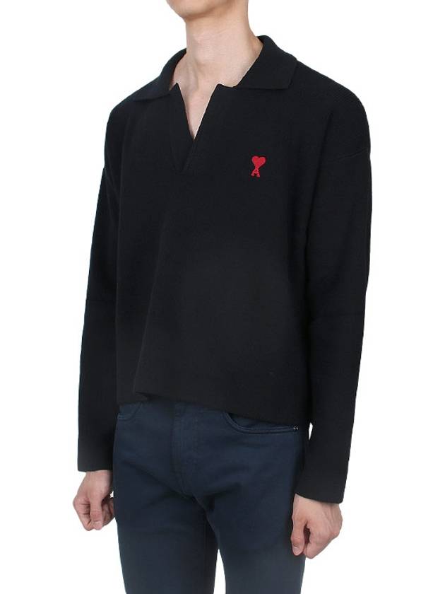 Small Heart Long Sleeve Polo Shirt Black - AMI - BALAAN 4