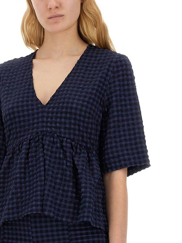 Stretch Seersucker V-Neck Peplum Blouse Navy - GANNI - BALAAN 5