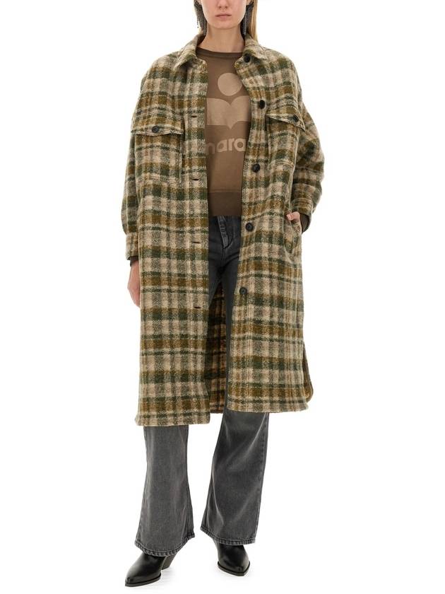 Fontizi Long Check Wool Single Coat Khaki Ecru - ISABEL MARANT ETOILE - BALAAN 3