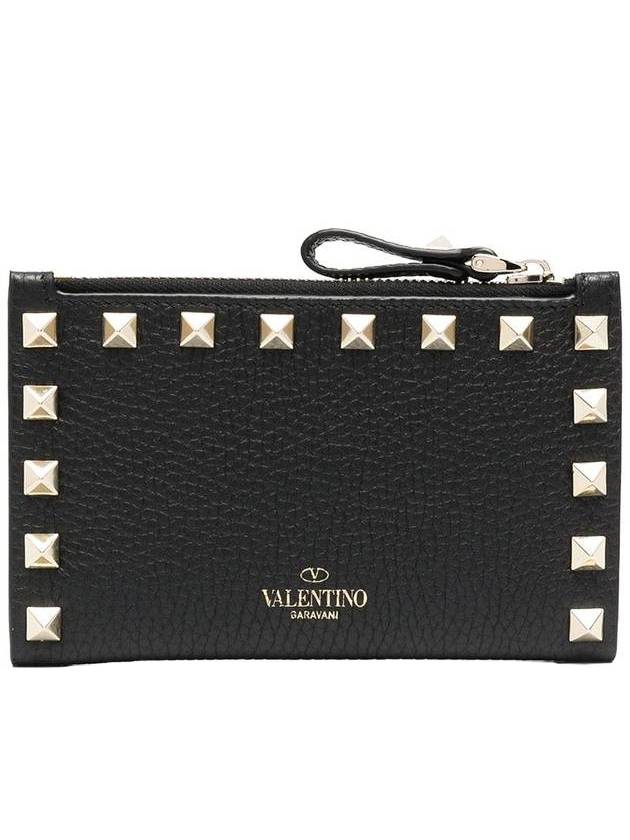 Rockstud Leather Zipper Card Wallet Black - VALENTINO - BALAAN 1