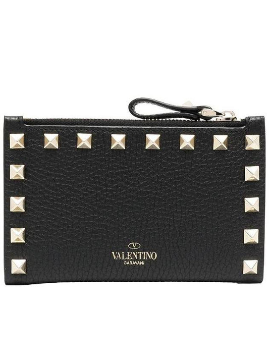 Rockstud Leather Zipper Card Wallet Black - VALENTINO - BALAAN 1