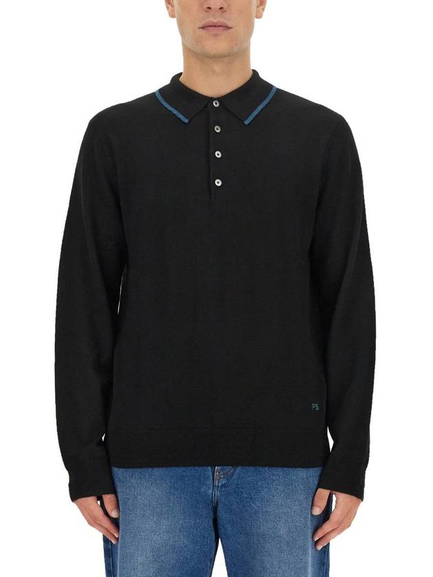 Embroidered Logo Merino Wool Polo Shirt Black - PAUL SMITH - BALAAN 2