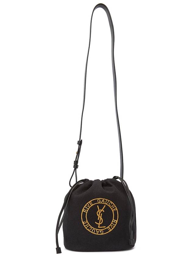 Embroidered Felt Smooth Leather Rib Gauche Lace Bucket Bag Black - SAINT LAURENT - BALAAN 9