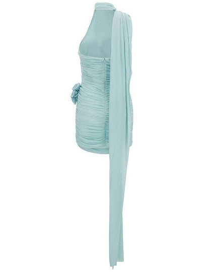 Light Blue Draped Mini Dress With Roses Applications In Stretch Cupro Wpman - MAGDA BUTRYM - BALAAN 2