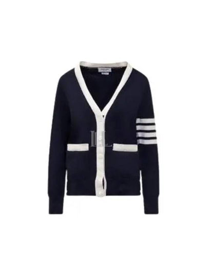 Cotton Hector Pointelle 4 Bar V Neck Cardigan Navy - THOM BROWNE - BALAAN 2