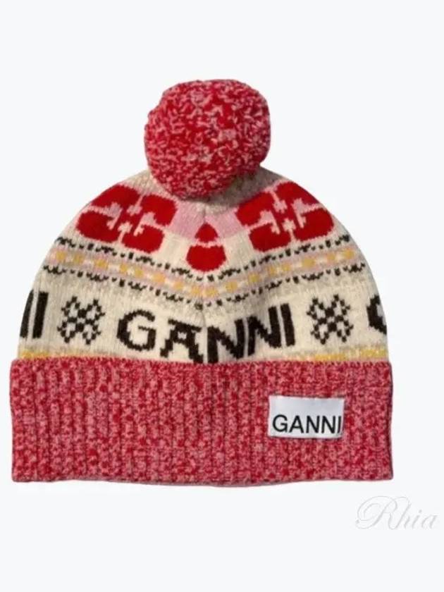 Logo Graphic Intarsia Knit Beanie Red - GANNI - BALAAN 2