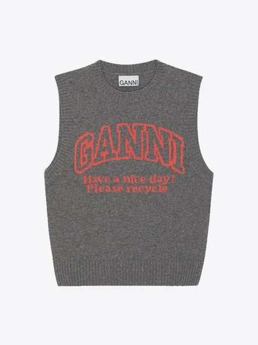 Logo Intarsia Knit Vest Grey - GANNI - BALAAN 2