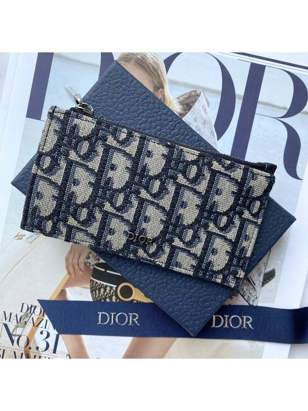 Oblique Jacquard Zipper Card Wallet Black Beige - DIOR - BALAAN 2