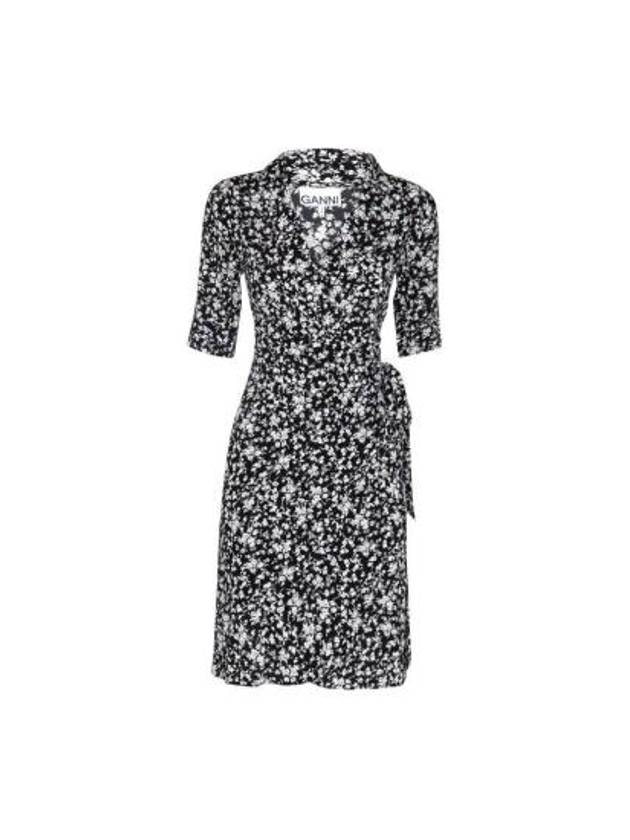 Floral Print V-Neck Wrap Midi Dress Black - GANNI - BALAAN 2