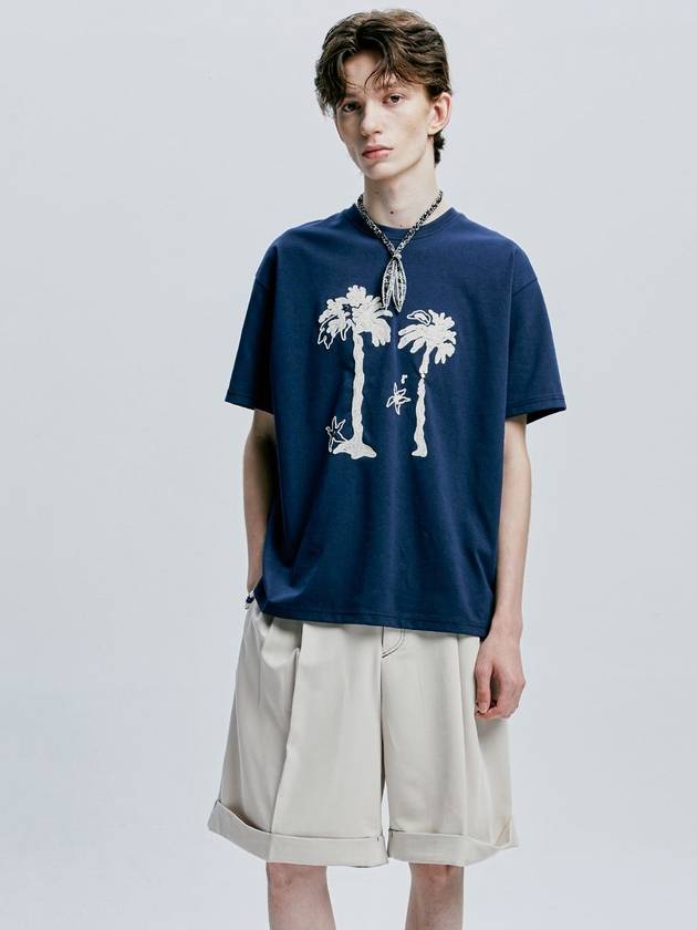 Palm tree eyelet chain embroidery t shirt navy - S SY - BALAAN 6