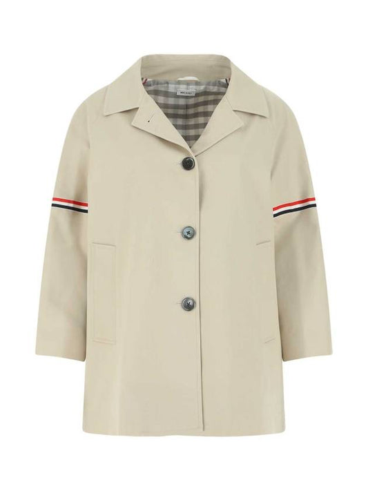 Waterproof Cotton Twill Striped Armband Cropped Car Coat Khaki - THOM BROWNE - BALAAN.