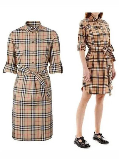 Vintage Check Stretch Cotton Tie-Waist Shirt Dress Beige - BURBERRY - BALAAN 2