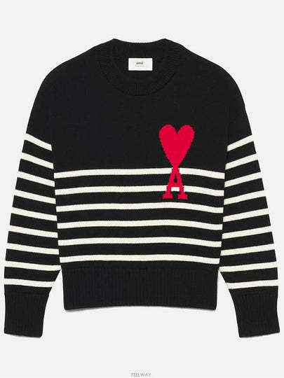 Striped Big Heart Logo Knit Top Black - AMI - BALAAN 2