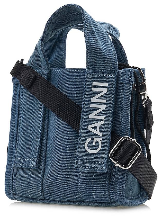 Tech Mini Logo Print Denim Tote Bag Navy - GANNI - BALAAN 3