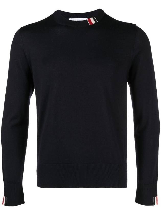 Intarsia Stitch Crew Neck Merino Wool Knit Top Navy - THOM BROWNE - BALAAN 2