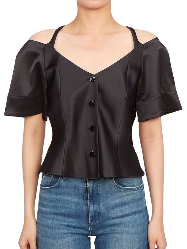 Double Satin Fitted Open Neck Blouse Black - GANNI - BALAAN 4