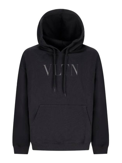 Men's VLTN Logo Print Fleece Hoodie Black - VALENTINO - BALAAN 2