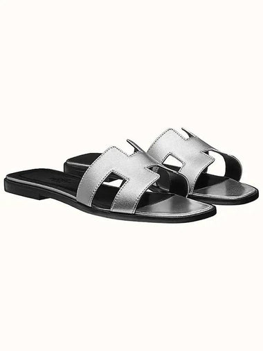 Oran H Logo Leather Sandals Slippers Silver - HERMES - BALAAN 1