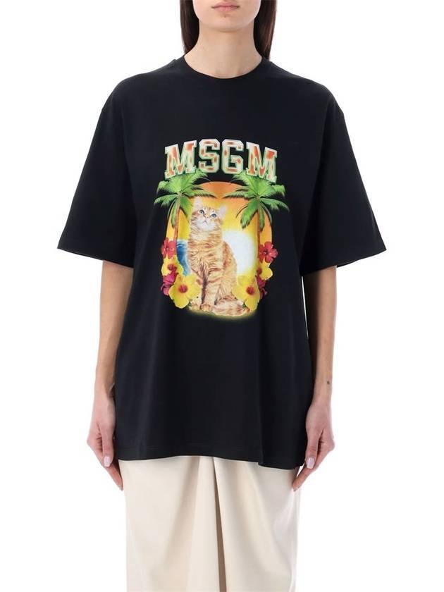 College Cat Crew Neck Cotton Short Sleeve T-Shirt Black - MSGM - BALAAN 2