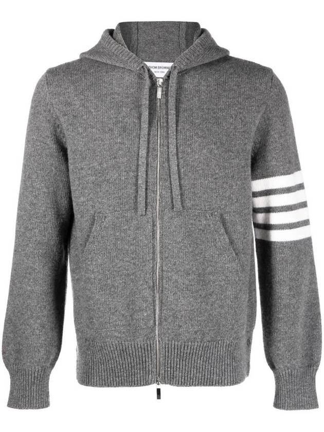 Men's Intarsia 4 Bar Merino Jersey Hooded Zip Up Medium Grey - THOM BROWNE - BALAAN 1