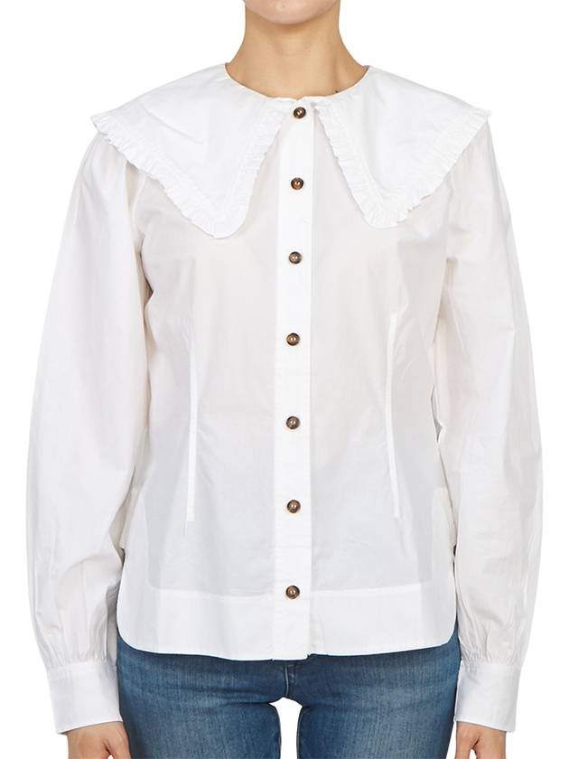 Ruffle Wide Poplin Blouse White - GANNI - BALAAN 4