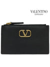 V Logo Signature Leather Card Wallet Black - VALENTINO - BALAAN 3