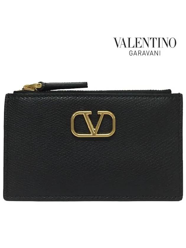 V Logo Signature Leather Card Wallet Black - VALENTINO - BALAAN 3