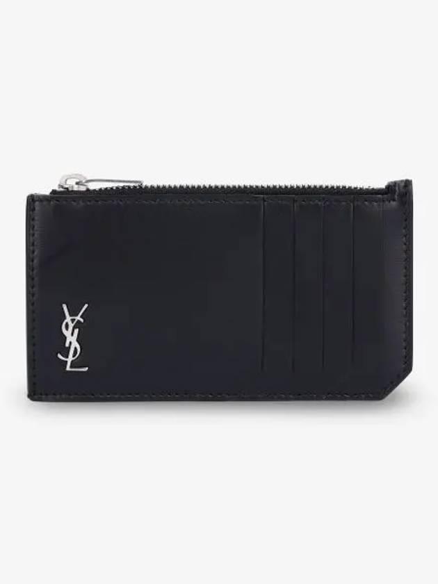 Tiny Cassandre Fragments Silver Hardware Leather Zipper Card Wallet Black - SAINT LAURENT - BALAAN 2