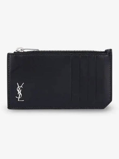 Tiny Cassandre Fragments Silver Hardware Leather Zipper Card Wallet Black - SAINT LAURENT - BALAAN 2