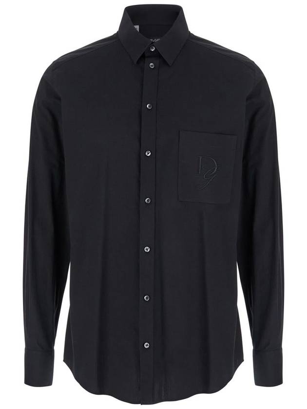 Black Shirt With Pointed Collar And Logo Detail In Cotton Stretch Man - DOLCE&GABBANA - BALAAN 1