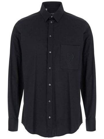 Black Shirt With Pointed Collar And Logo Detail In Cotton Stretch Man - DOLCE&GABBANA - BALAAN 1