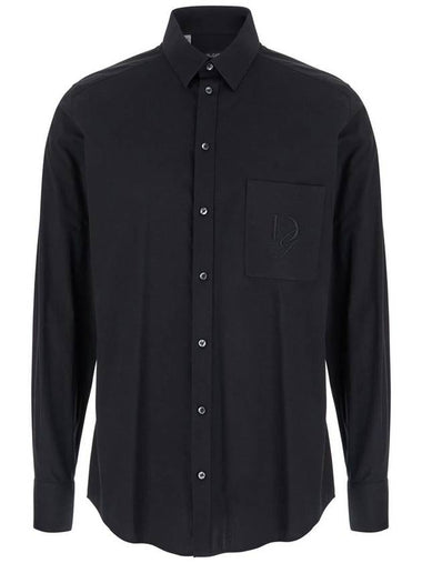 Black Shirt With Pointed Collar And Logo Detail In Cotton Stretch Man - DOLCE&GABBANA - BALAAN 1