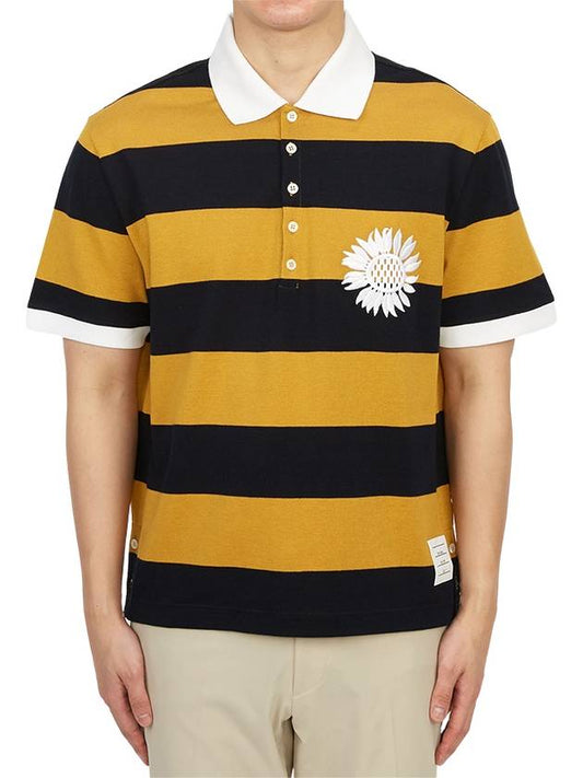 Embroidered Flower Rugby Stripe Short Sleeve PK Shirt Navy Yellow - THOM BROWNE - BALAAN.