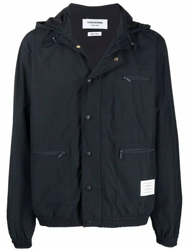 multi-pocket ripstop hooded jacket navy - THOM BROWNE - BALAAN.
