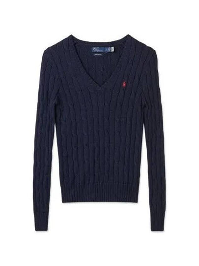 W cable knit cotton V neck sweater blue - POLO RALPH LAUREN - BALAAN 2