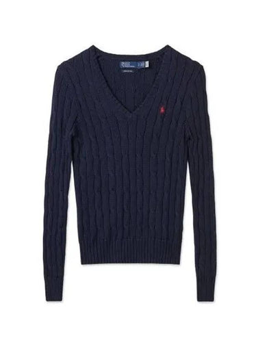 W cable knit cotton V neck sweater blue - POLO RALPH LAUREN - BALAAN 1