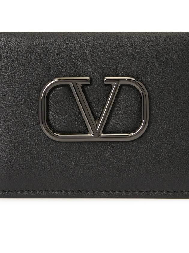 V Logo Signature Leather Card Wallet Black - VALENTINO - BALAAN 7