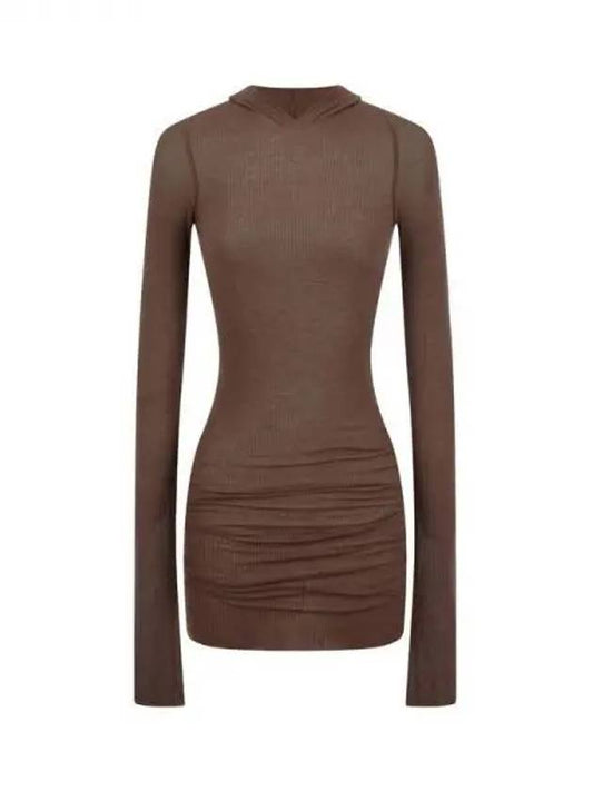 WOMEN Ribbed Long Hooded Sweatshirt Brown 271231 - RICK OWENS - BALAAN 1