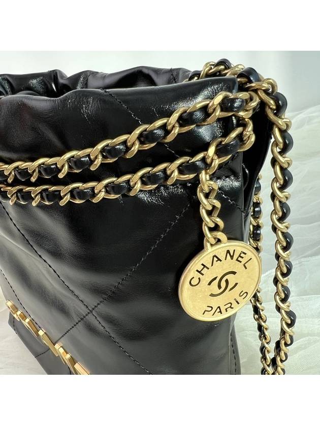 22 Gold Logo Shiny Calfskin Mini Shoulder Bag Black - CHANEL - BALAAN 6