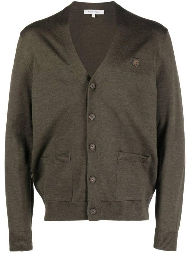 Bold Fox Head Patch V Neck Wool Cardigan Khaki - MAISON KITSUNE - BALAAN 1