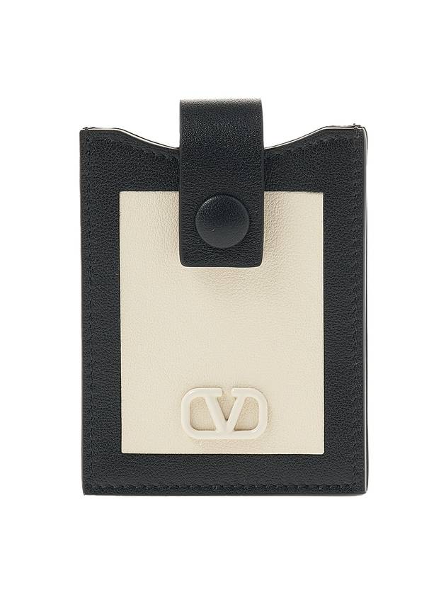 V Logo Signature Leather Card Wallet Black White - VALENTINO - BALAAN 1