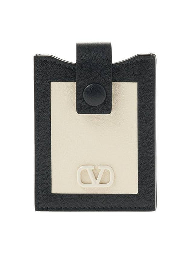 V Logo Signature Leather Card Wallet Black White - VALENTINO - BALAAN 1