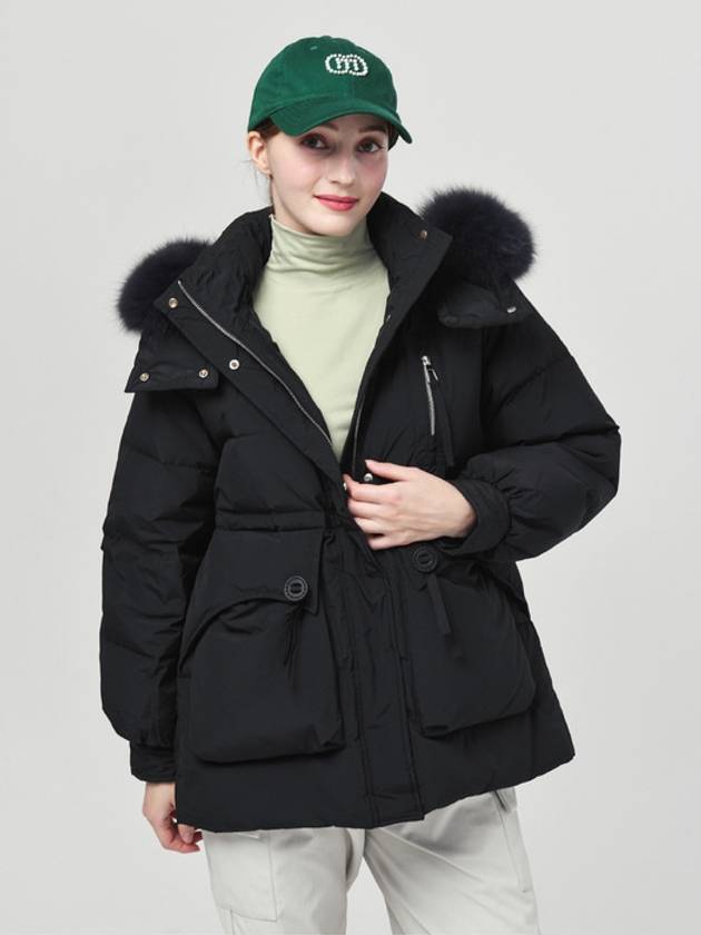 Women s Real Fox Fur Hood Trimming Safari Down Padded Black Jacket DO6242JK05 - DOYOUKNOWMC GOLF WEAR - BALAAN 2