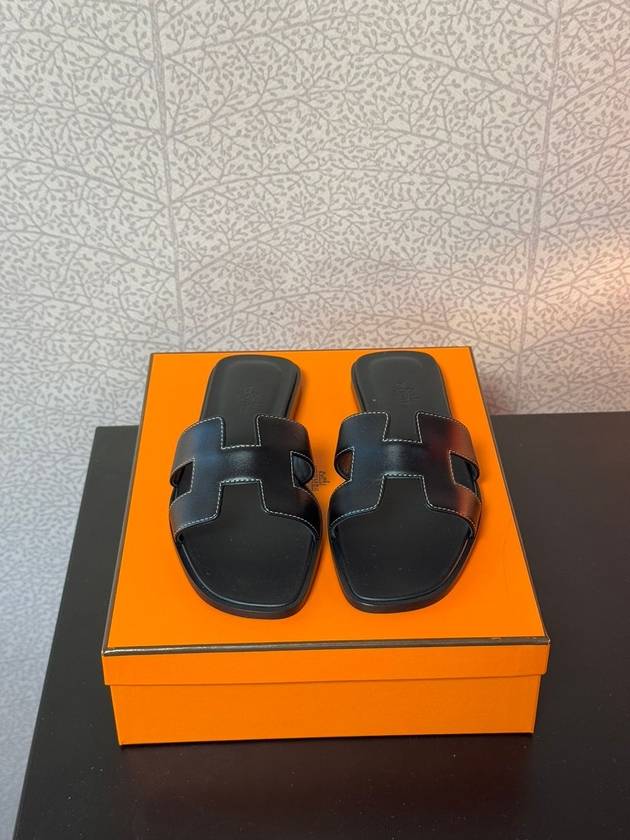 Oran Calfskin Slippers Noir Piqures Ecrues Black - HERMES - BALAAN 3